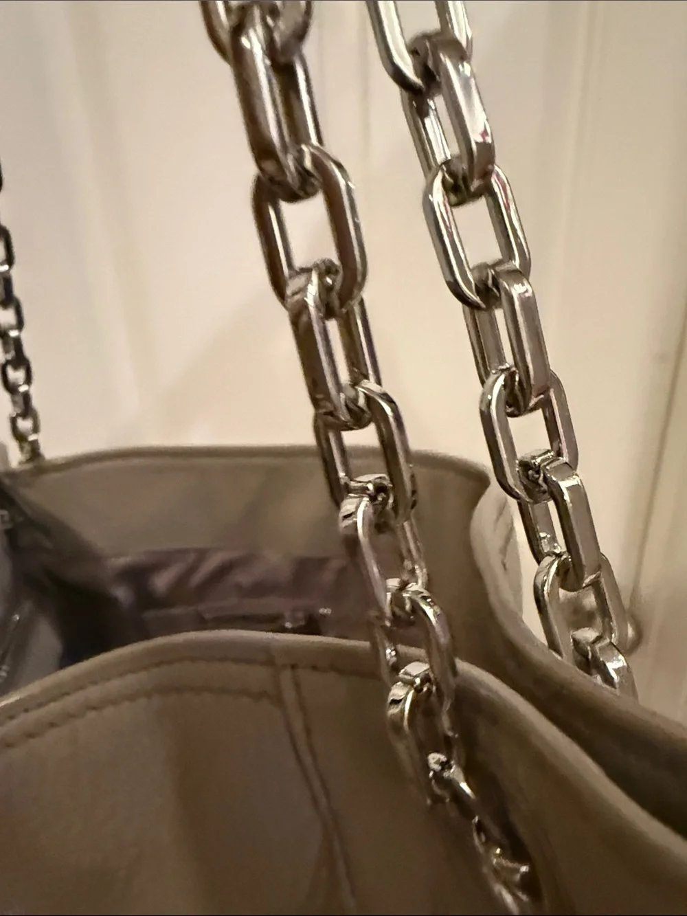Tory Burch Taupe Pebbled Leather Shoulder Tote with Silver Chain